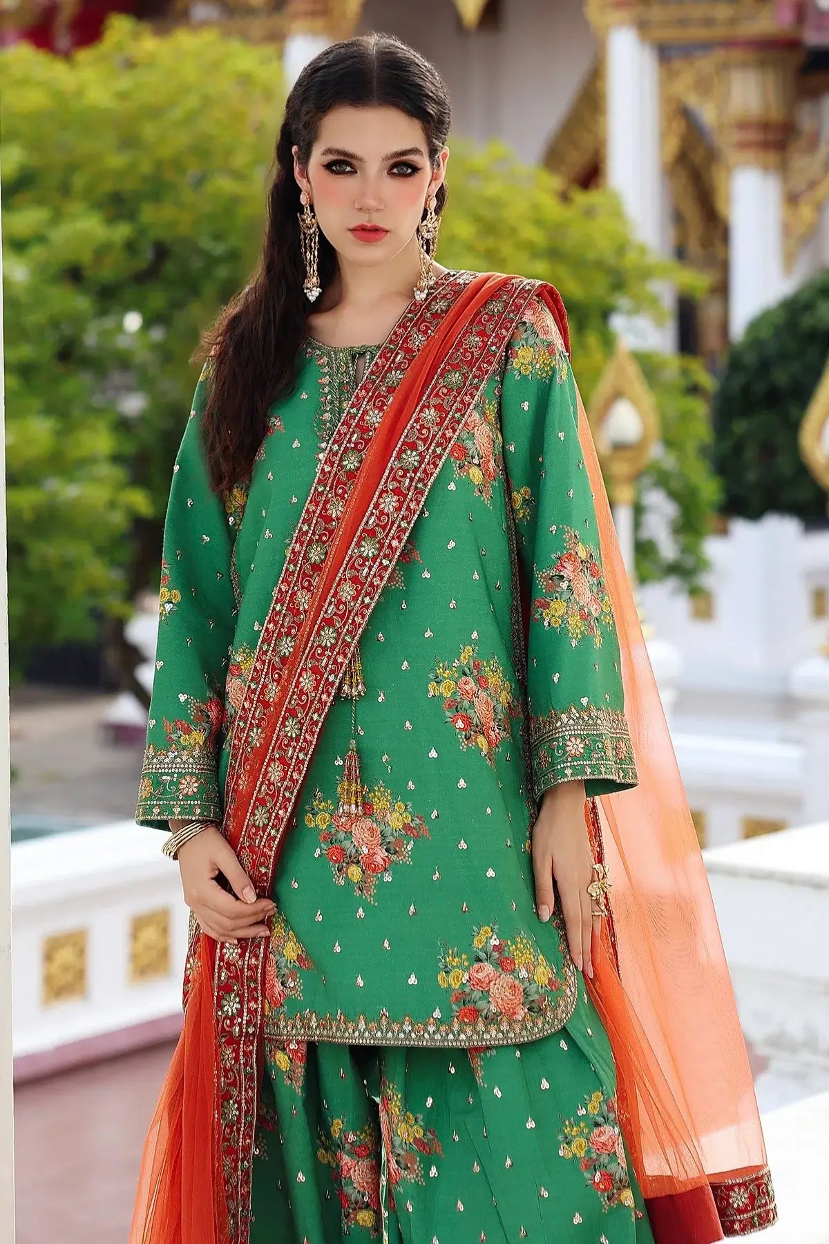 Charizma CMA-5-165 green raw silk embroidered festive wear outfit with net dupatta