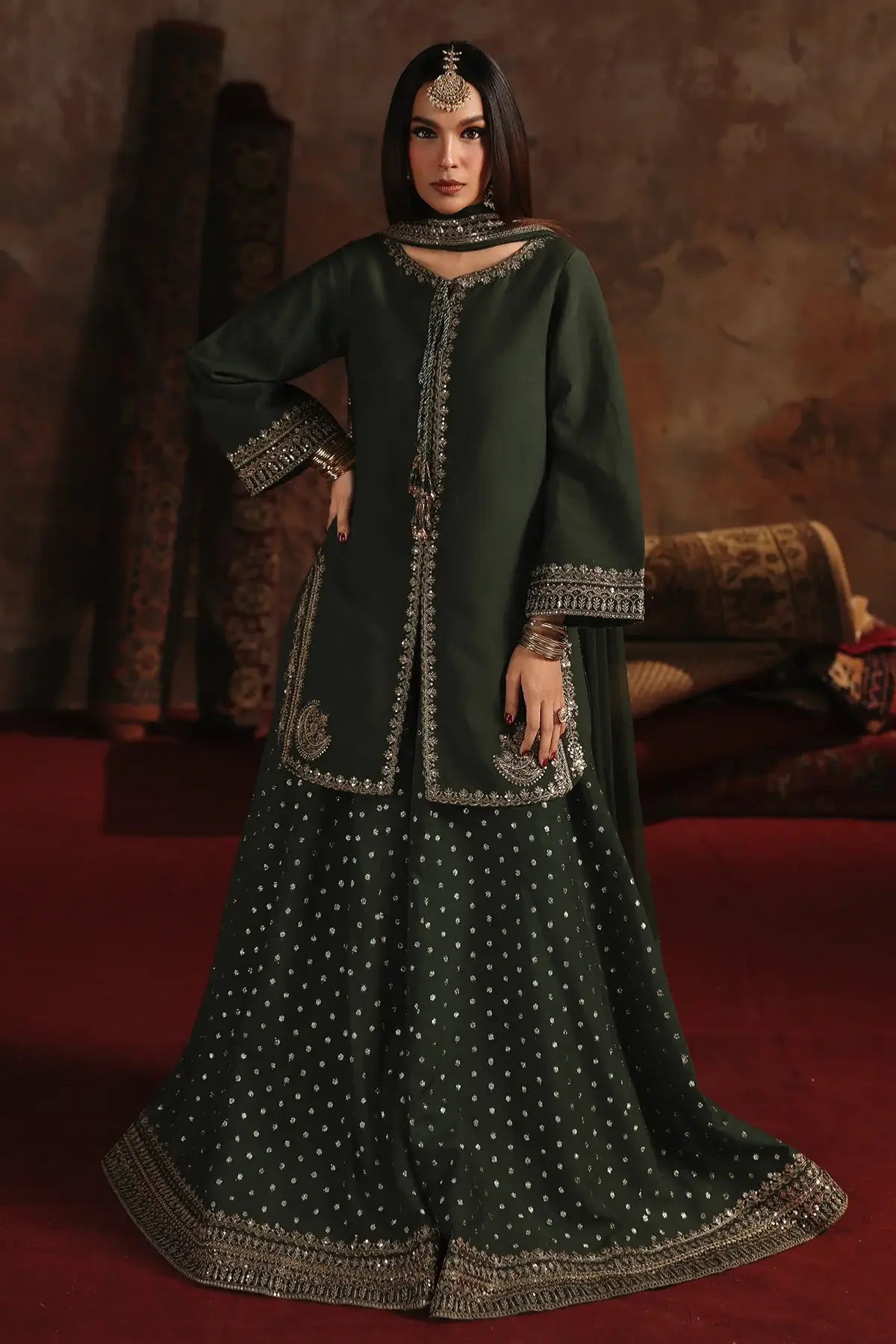 Charizma CMA-5-168 emerald raw silk embroidered Eid party wear outfit with sharara