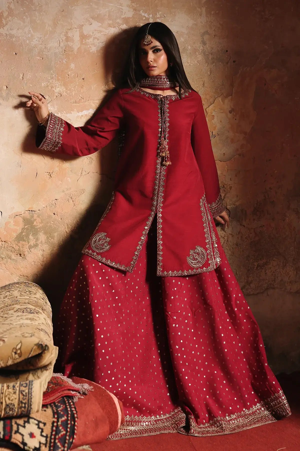 Charizma CMA-5-169 red raw silk embroidered Eid celebration outfit with sharara