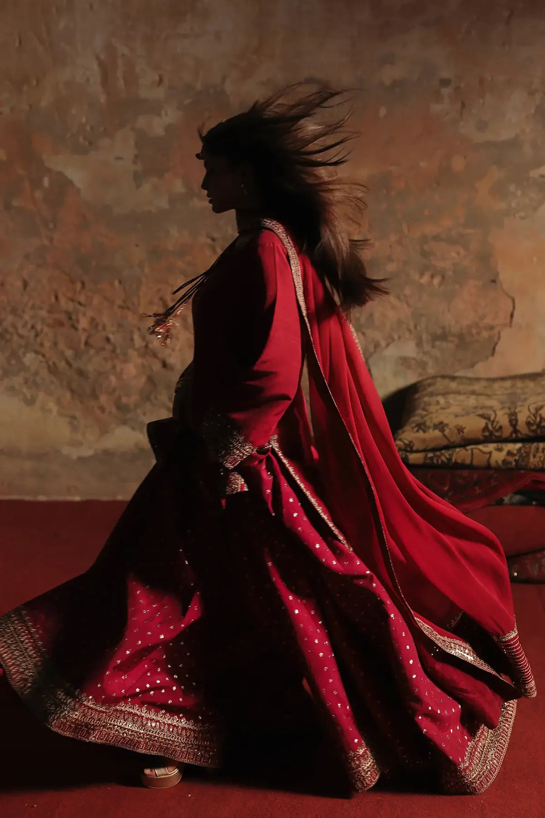 Charizma CMA-5-169 red raw silk embroidered Eid celebration outfit with sharara