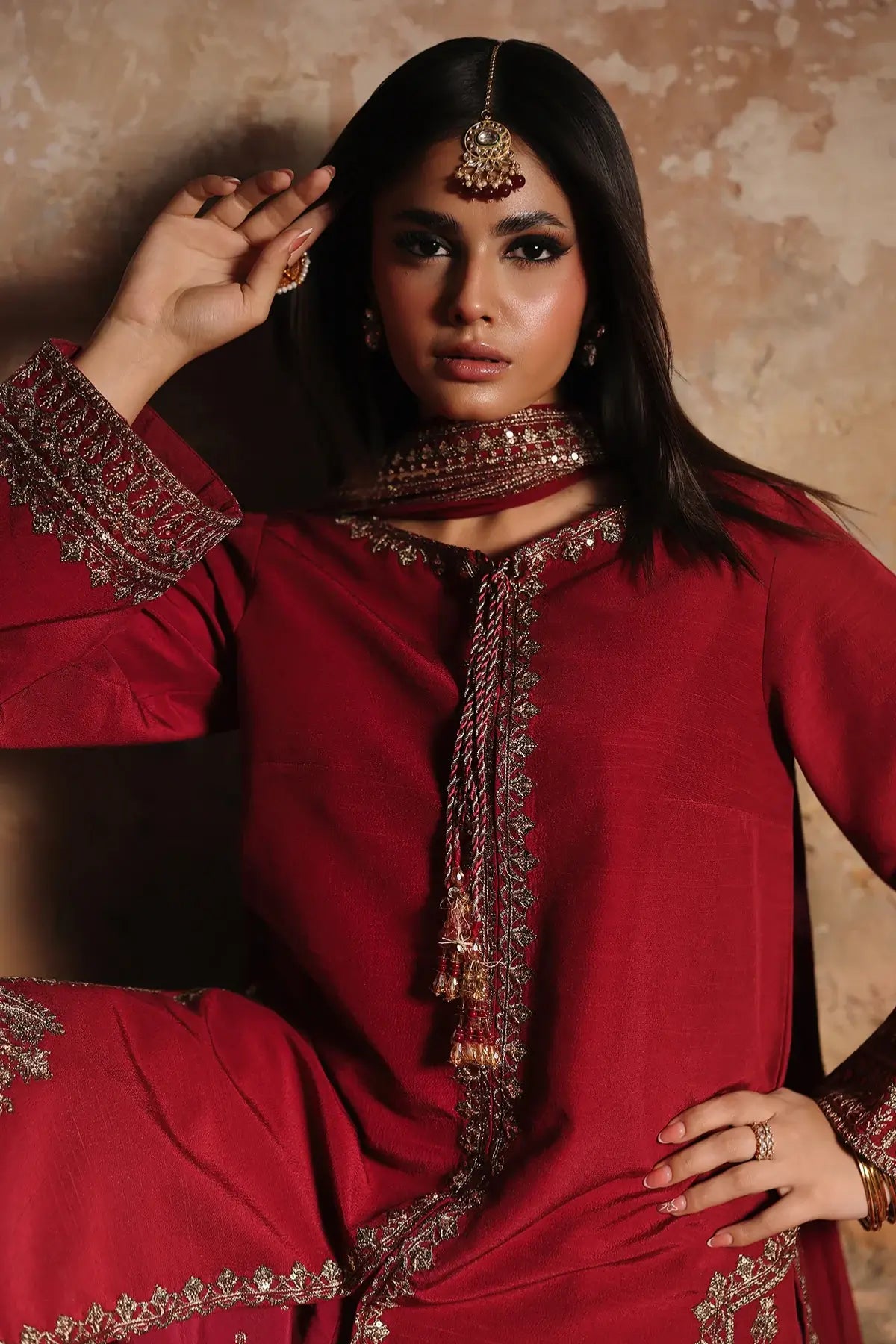 Charizma CMA-5-169 red raw silk embroidered Eid celebration outfit with sharara