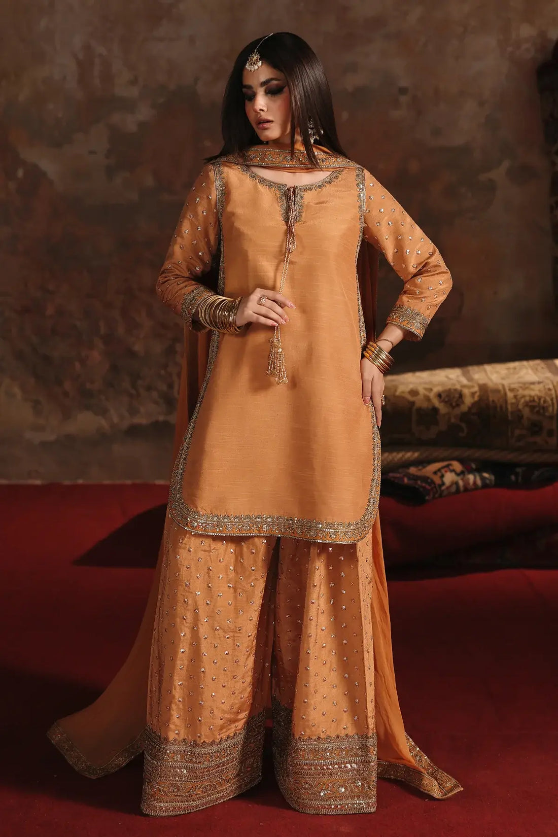 Charizma CMA-5-170 amber raw silk embroidered Eid outfit with farshi shalwar