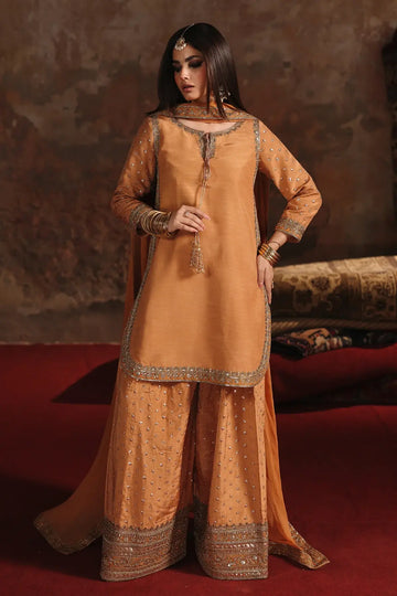 Charizma CMA-5-170 amber raw silk embroidered Eid outfit with farshi shalwar
