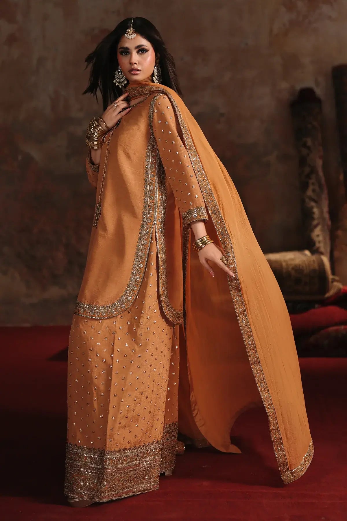 Charizma CMA-5-170 amber raw silk embroidered Eid outfit with farshi shalwar