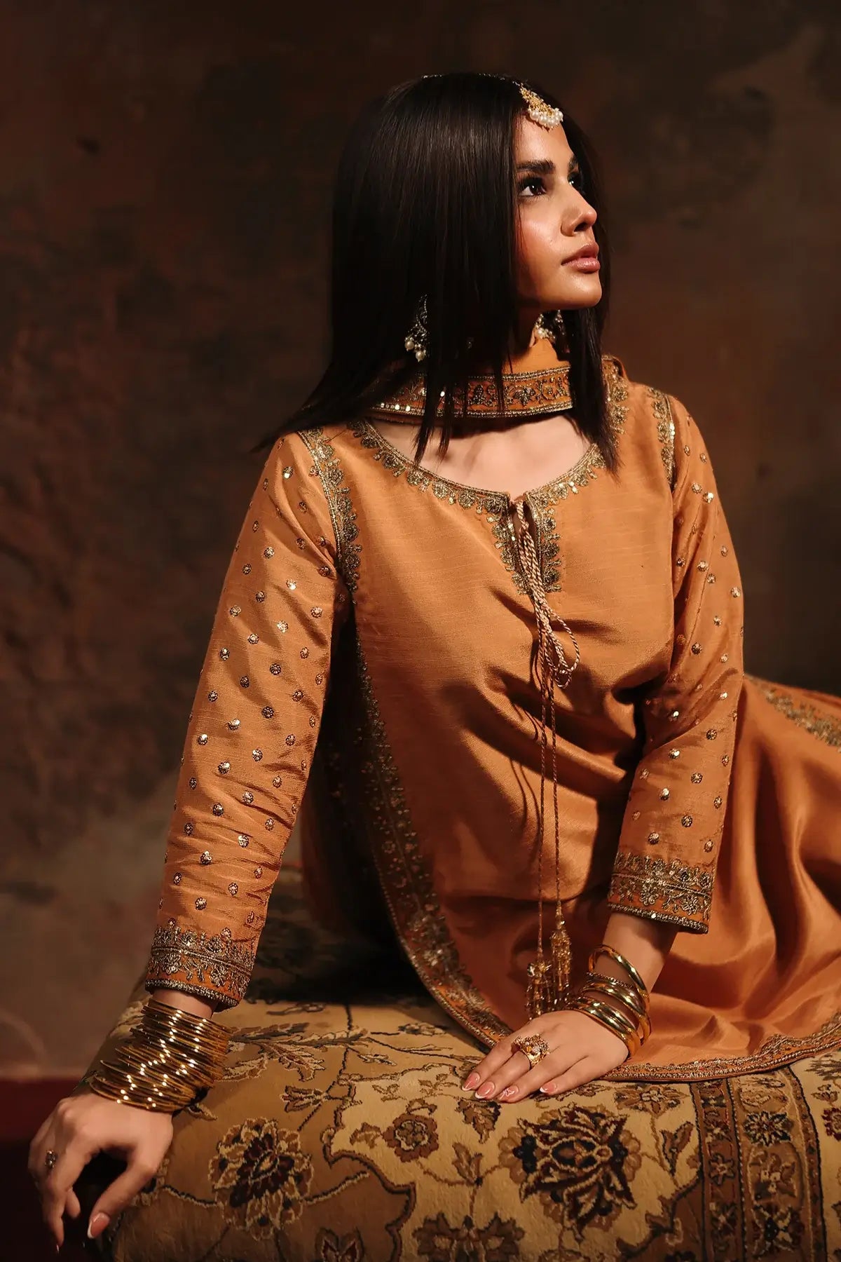 Charizma CMA-5-170 amber raw silk embroidered Eid outfit with farshi shalwar