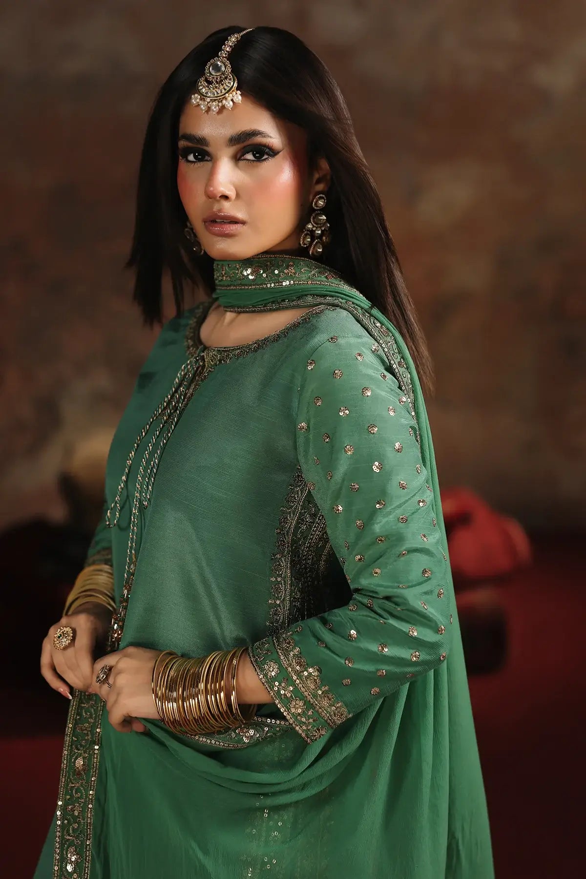 Charizma CMA-5-171 ferozi raw silk farshi shalwar Eid suit with chiffon dupatta