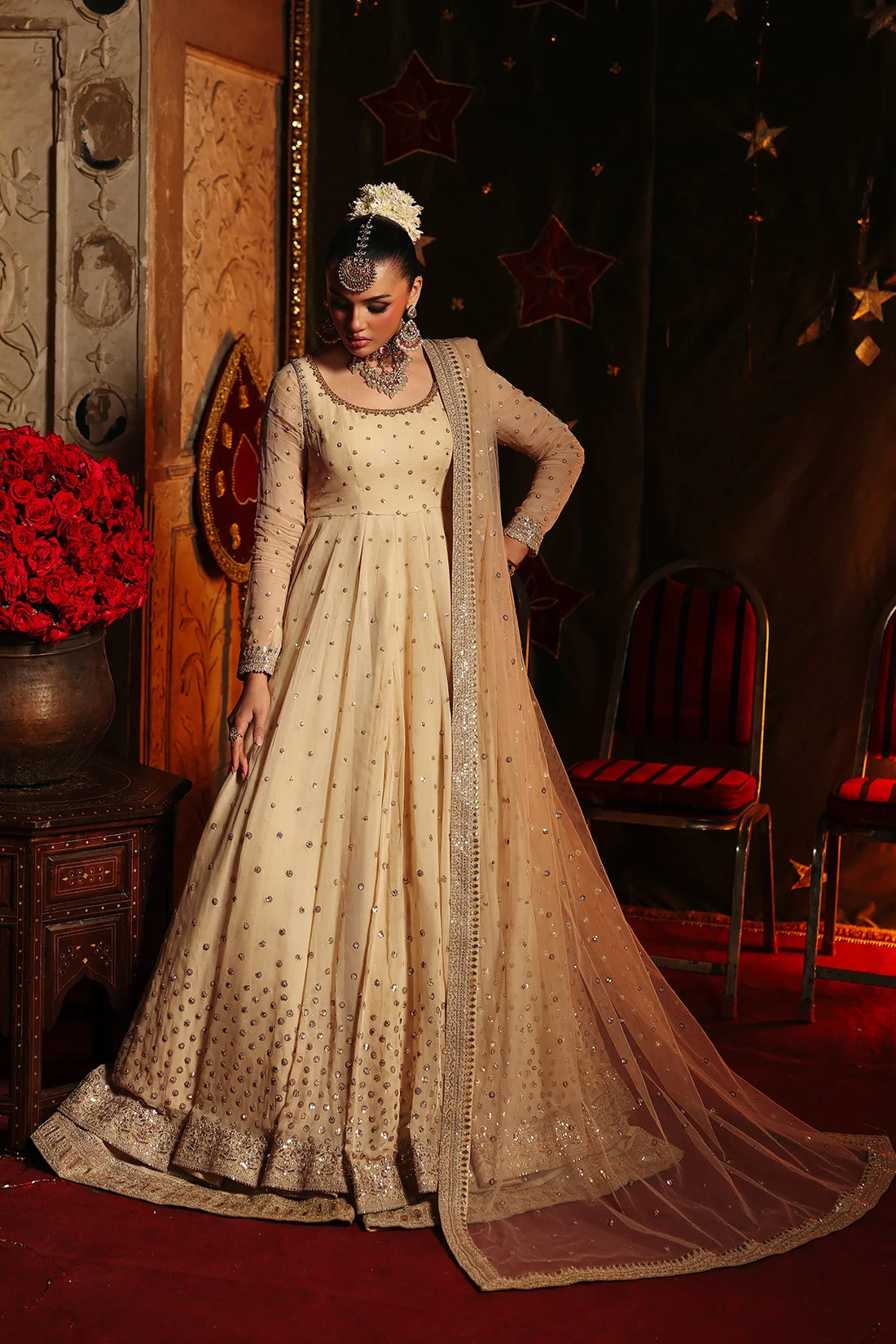 CMA-5-179A Charizma Mi Amor champagne chiffon pishwas sharara with sequin work, stitched designer dress available at Pakistanimoda
