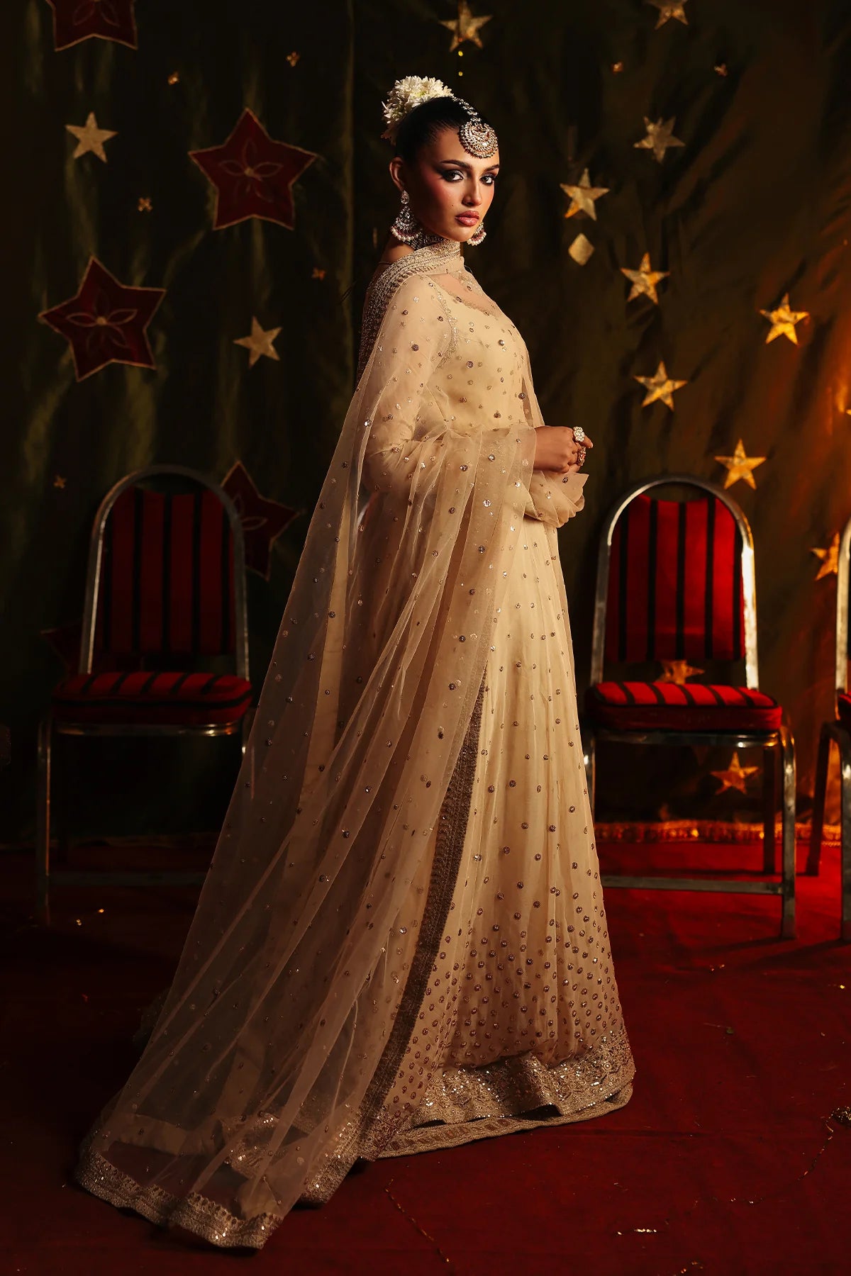 CMA-5-179A Charizma Mi Amor champagne chiffon pishwas sharara with sequin work, stitched designer dress available at Pakistanimoda