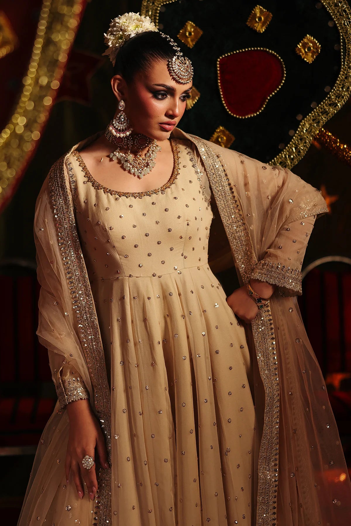 CMA-5-179A Charizma Mi Amor champagne chiffon pishwas sharara with sequin work, stitched designer dress available at Pakistanimoda