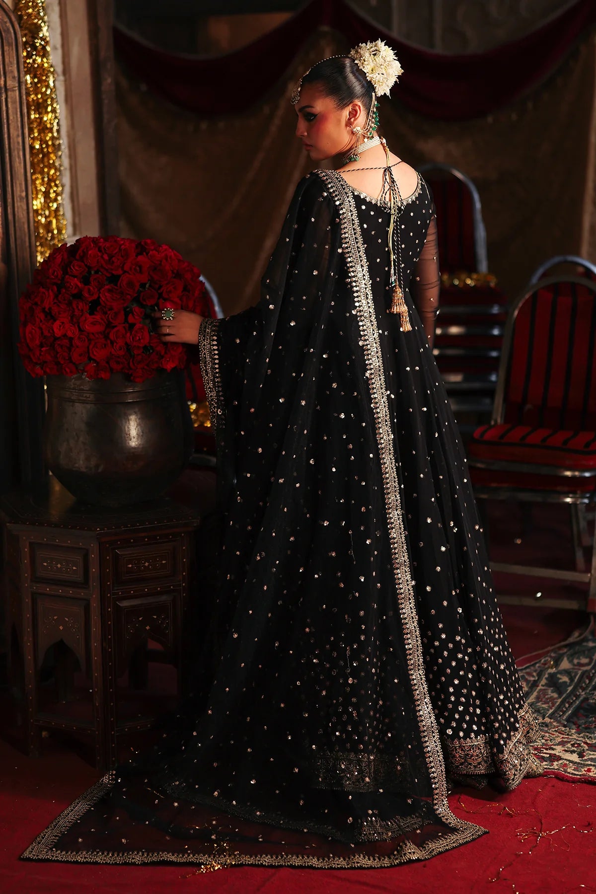 CMA-5-180 Charizma Mi Amor black chiffon sequin pishwas with sharara and net dupatta, stitched festive dress available at Pakistanimoda