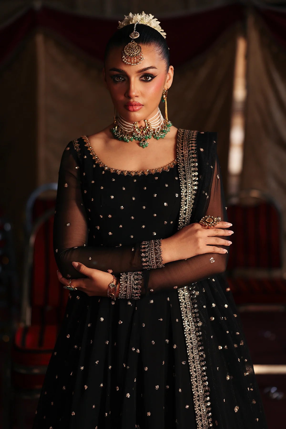 CMA-5-180 Charizma Mi Amor black chiffon sequin pishwas with sharara and net dupatta, stitched festive dress available at Pakistanimoda