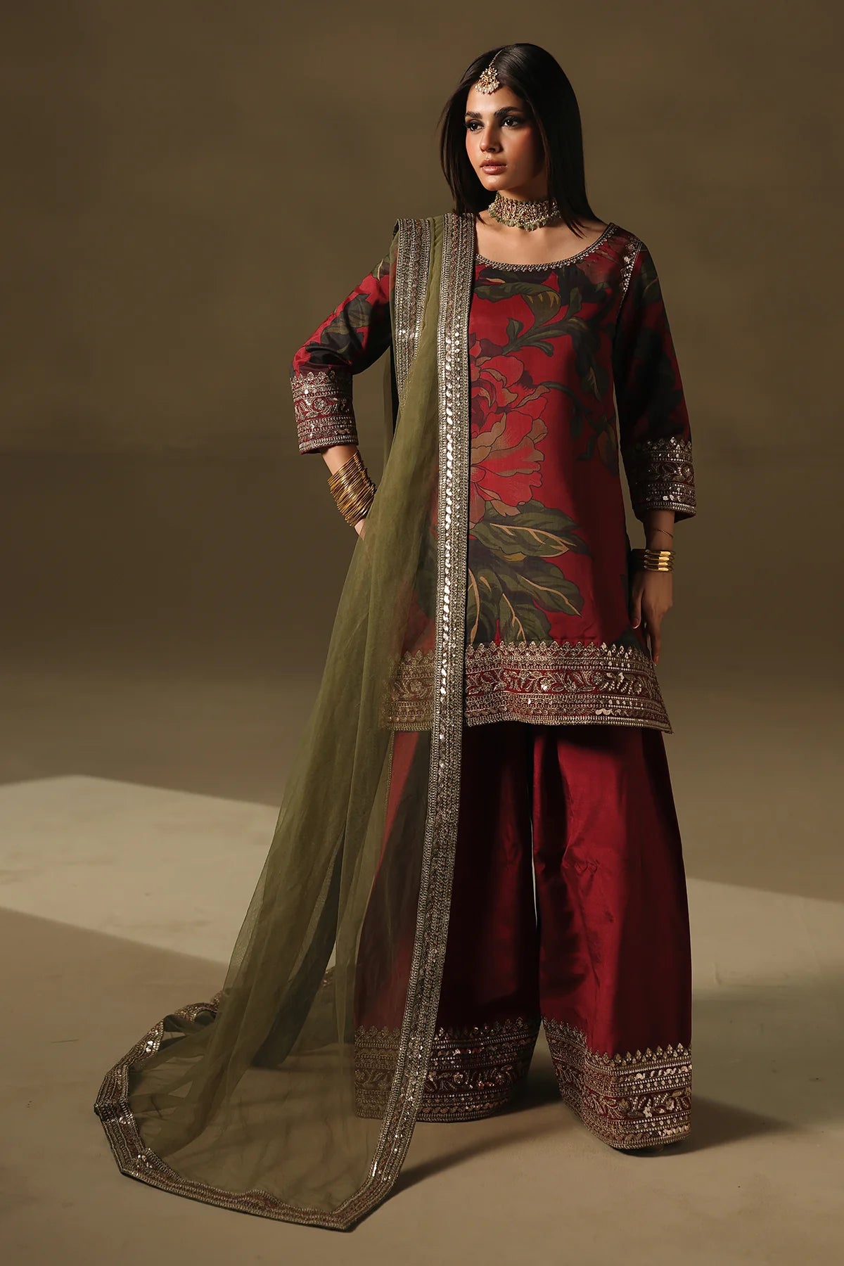 CMA-5-188 Charizma Mi Amor red raw silk botanical shirt with farshi shalwar and net dupatta, stitched semi-formal outfit at Pakistanimoda