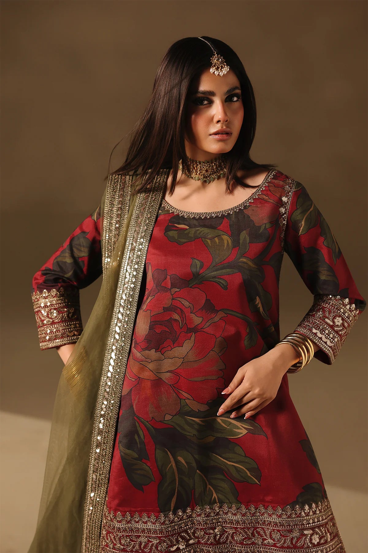 CMA-5-188 Charizma Mi Amor red raw silk botanical shirt with farshi shalwar and net dupatta, stitched semi-formal outfit at Pakistanimoda