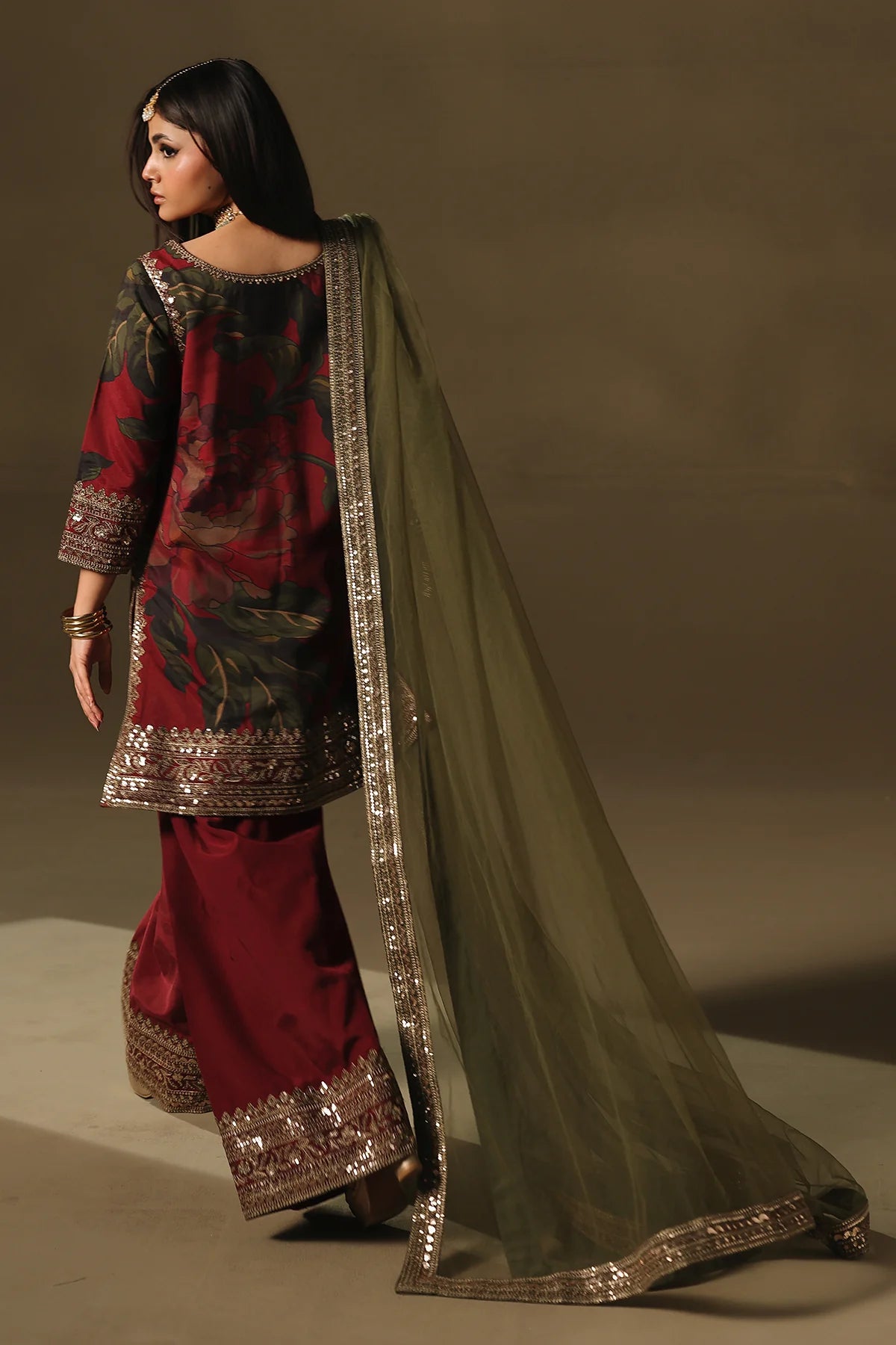 CMA-5-188 Charizma Mi Amor red raw silk botanical shirt with farshi shalwar and net dupatta, stitched semi-formal outfit at Pakistanimoda