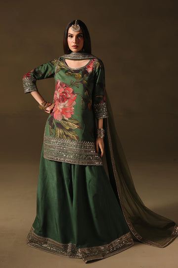 CMA-5-190 Charizma Mi Amor emerald floral raw silk shirt and sharara with olive dupatta, stitched semi-formal set from Pakistanimoda