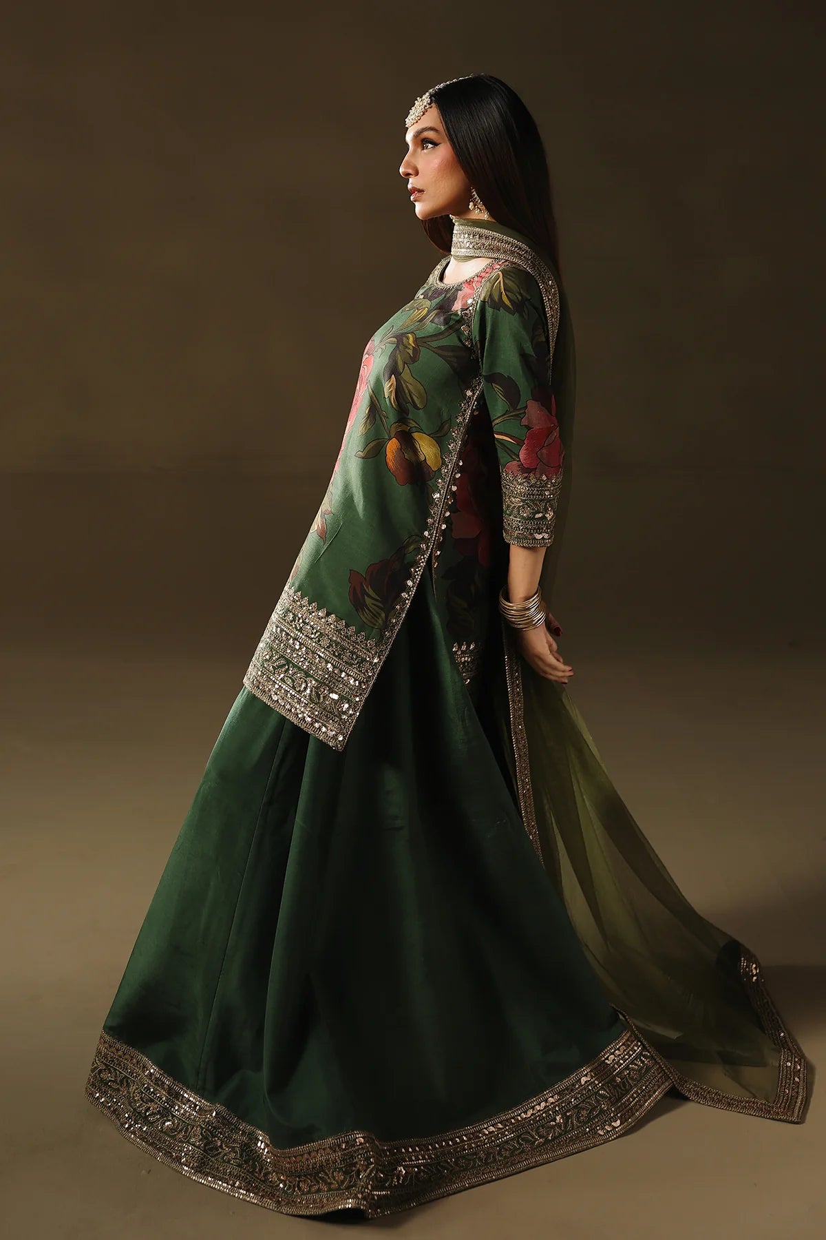 CMA-5-190 Charizma Mi Amor emerald floral raw silk shirt and sharara with olive dupatta, stitched semi-formal set from Pakistanimoda