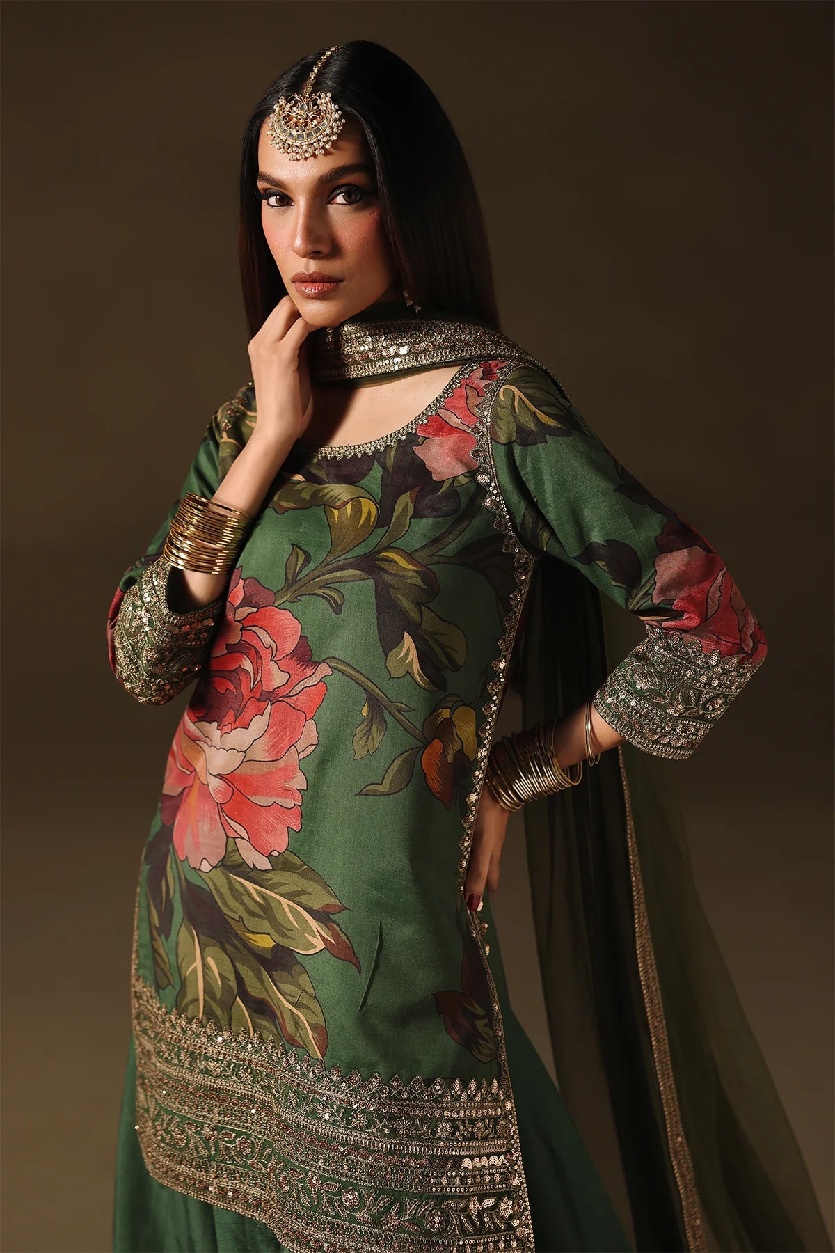 CMA-5-190 Charizma Mi Amor emerald floral raw silk shirt and sharara with olive dupatta, stitched semi-formal set from Pakistanimoda