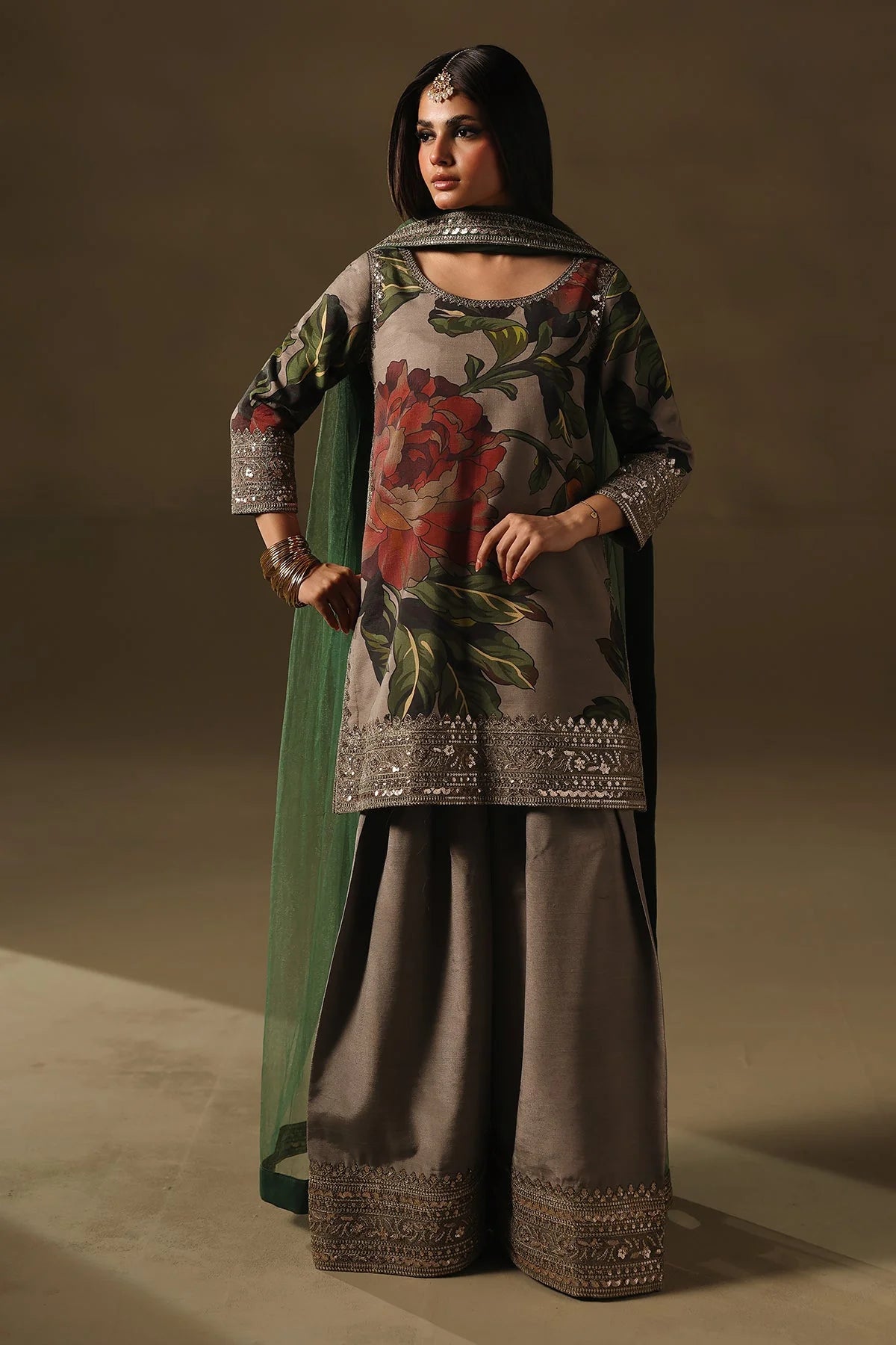 CMA-5-191 Charizma Mi Amor grey raw silk floral shirt with farshi shalwar and net dupatta, stitched semi-formal ensemble available at Pakistanimoda