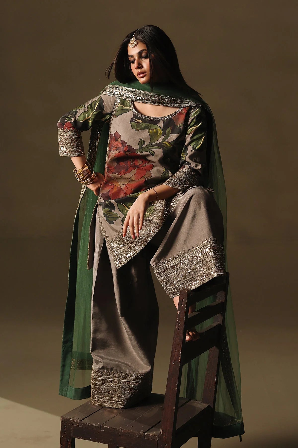 CMA-5-191 Charizma Mi Amor grey raw silk floral shirt with farshi shalwar and net dupatta, stitched semi-formal ensemble available at Pakistanimoda