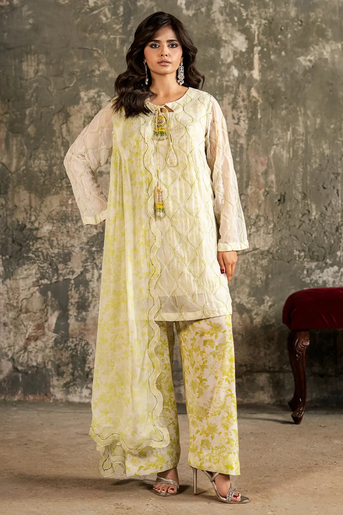Charizma Mi-Amor CMA-5-250 yellow raw silk embroidered Eid outfit with net dupatta