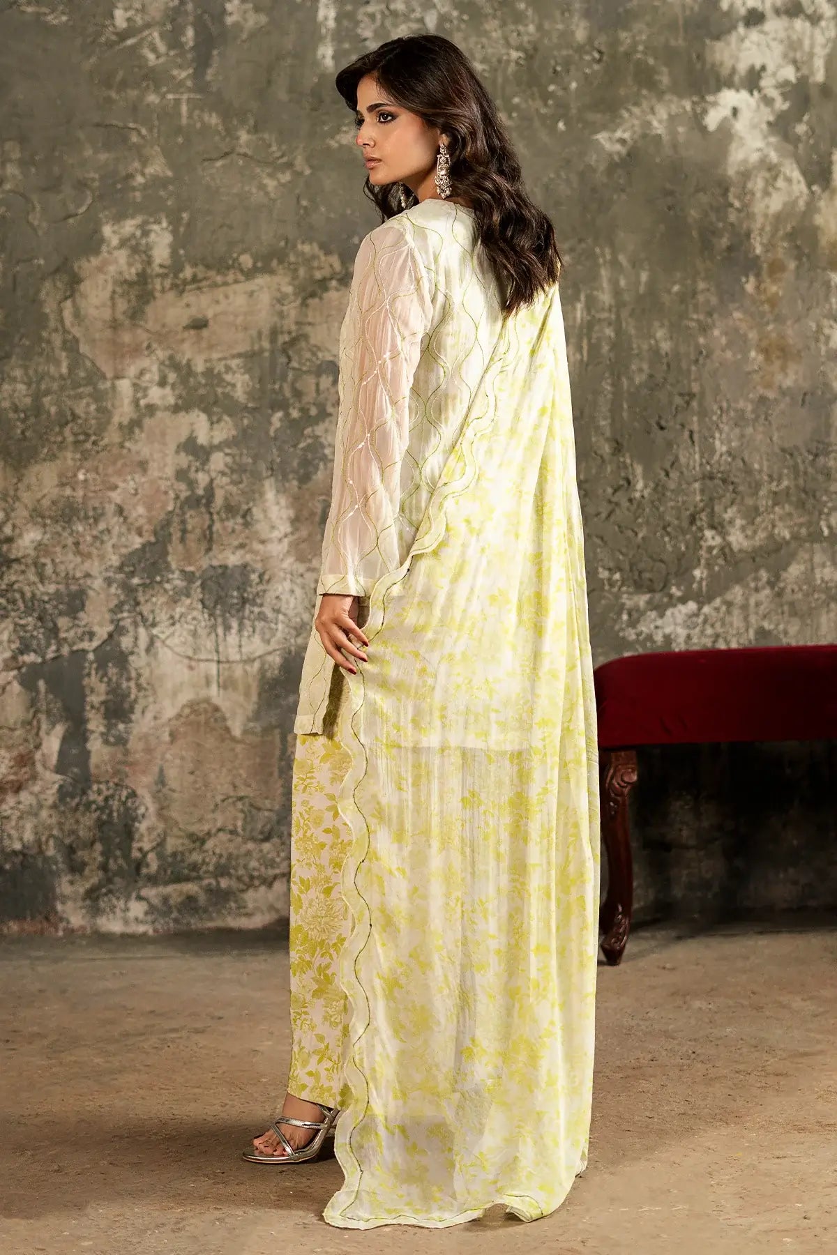 Charizma Mi-Amor CMA-5-250 yellow raw silk embroidered Eid outfit with net dupatta