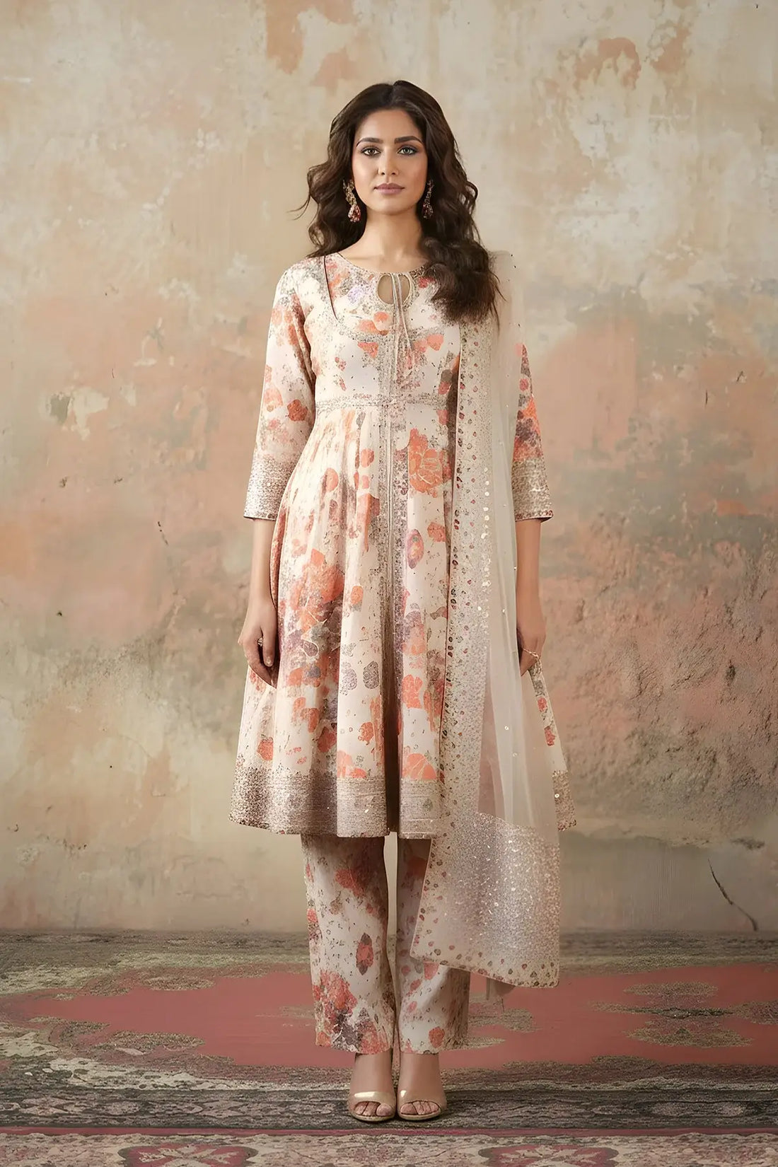Charizma CMA-5-274 peach raw silk embroidered Eid and festive wear outfit