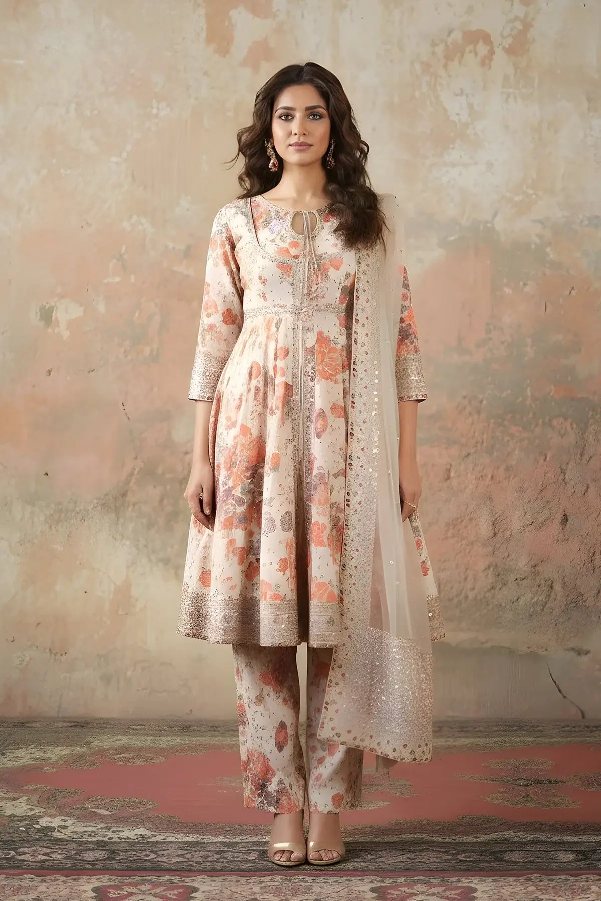 Charizma CMA-5-274 peach raw silk embroidered Eid and festive wear outfit