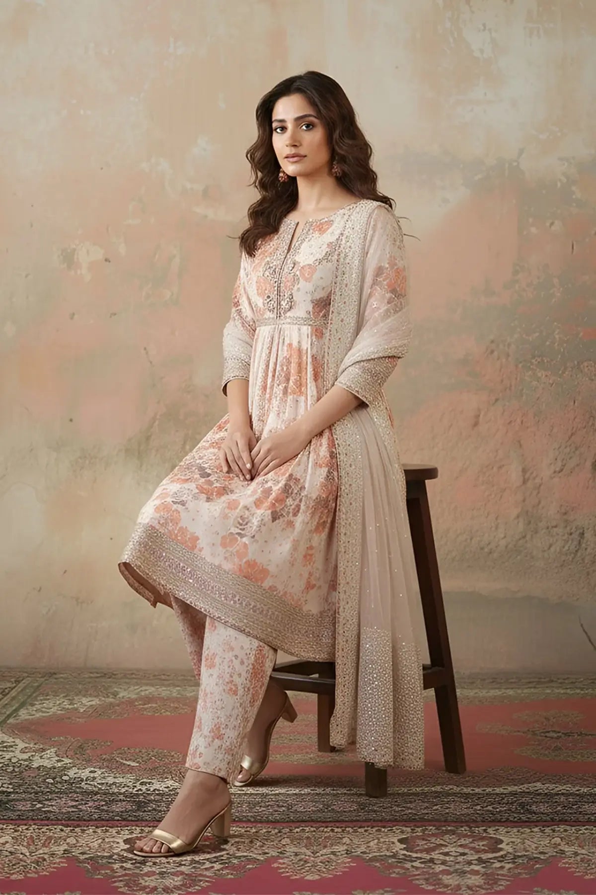Charizma CMA-5-274 peach raw silk embroidered Eid and festive wear outfit
