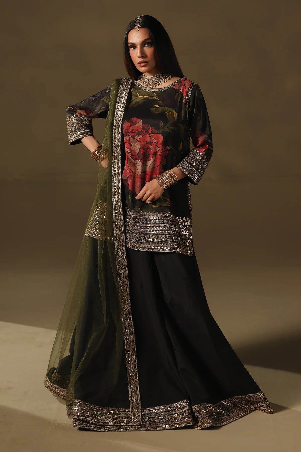 CMA-5-276 Charizma Mi Amor charcoal raw silk floral shirt with sharara and olive dupatta, stitched formal outfit available at Pakistanimoda