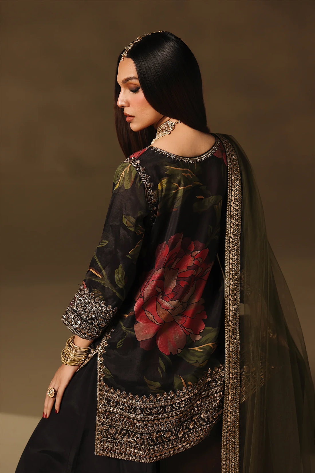 CMA-5-276 Charizma Mi Amor charcoal raw silk floral shirt with sharara and olive dupatta, stitched formal outfit available at Pakistanimoda