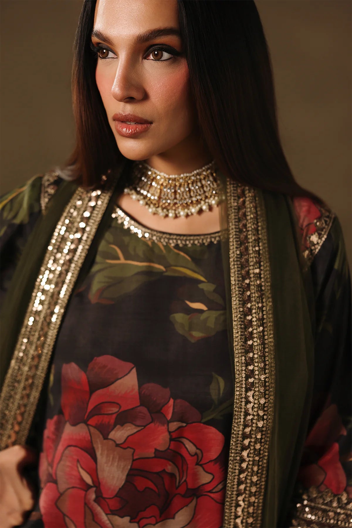 CMA-5-276 Charizma Mi Amor charcoal raw silk floral shirt with sharara and olive dupatta, stitched formal outfit available at Pakistanimoda