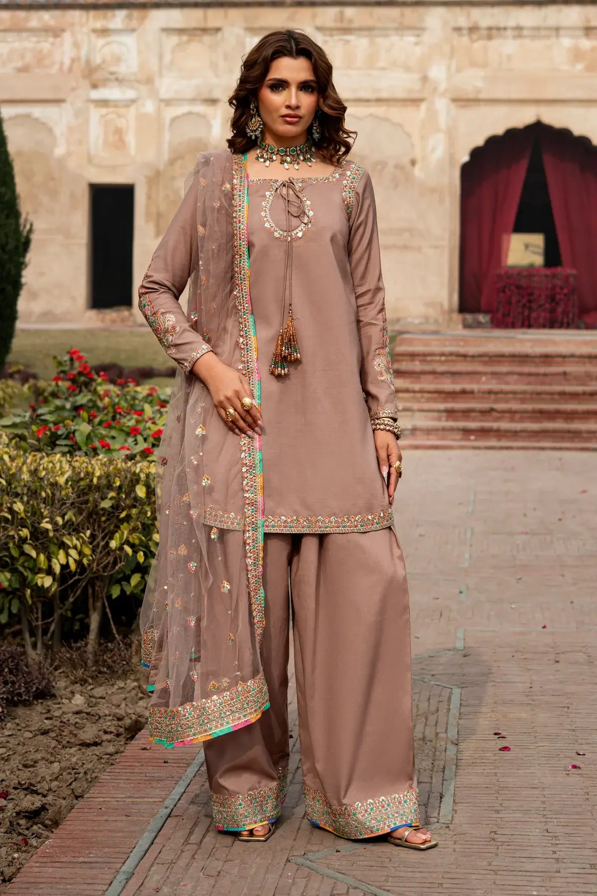 Charizma CMA-6-128 silk shalwar kameez 3PC in mink brown with soft fabric flowy fit and net dupatta