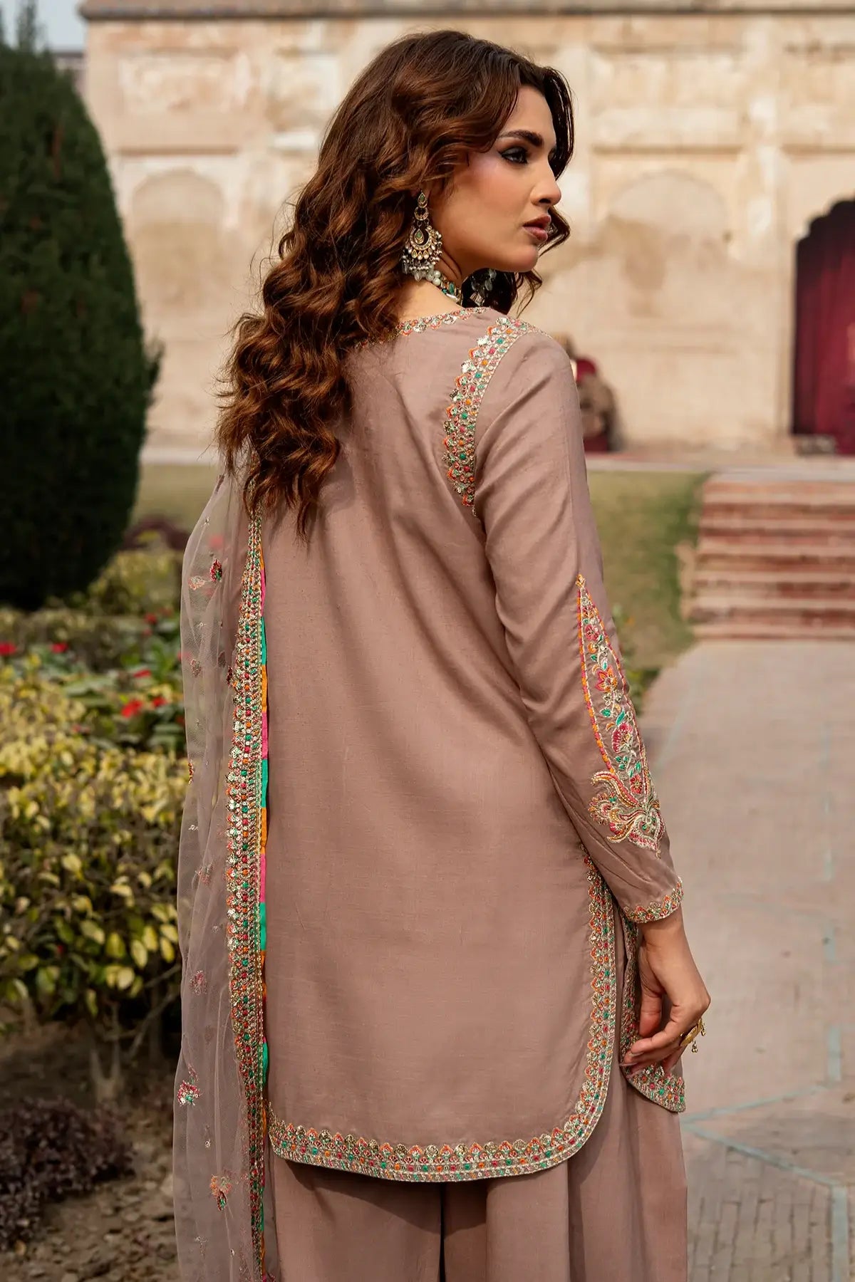 Charizma CMA-6-128 silk shalwar kameez 3PC in mink brown with soft fabric flowy fit and net dupatta