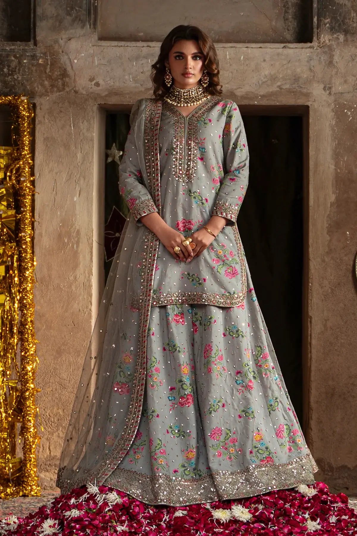 CMA-6-149 Charizma floral silk 3PC Pakistani sharara suit