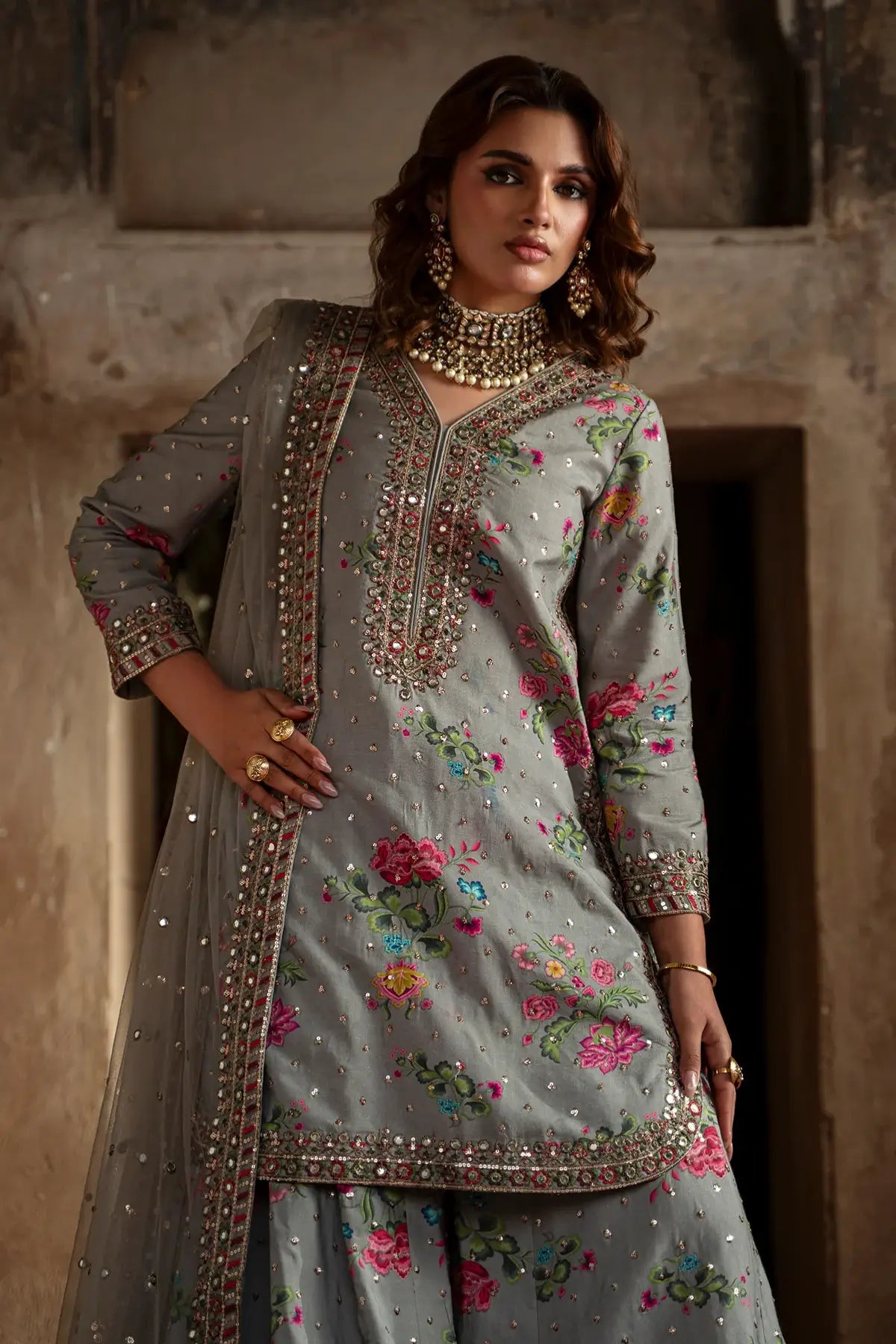 CMA-6-149 Charizma floral silk 3PC Pakistani sharara suit