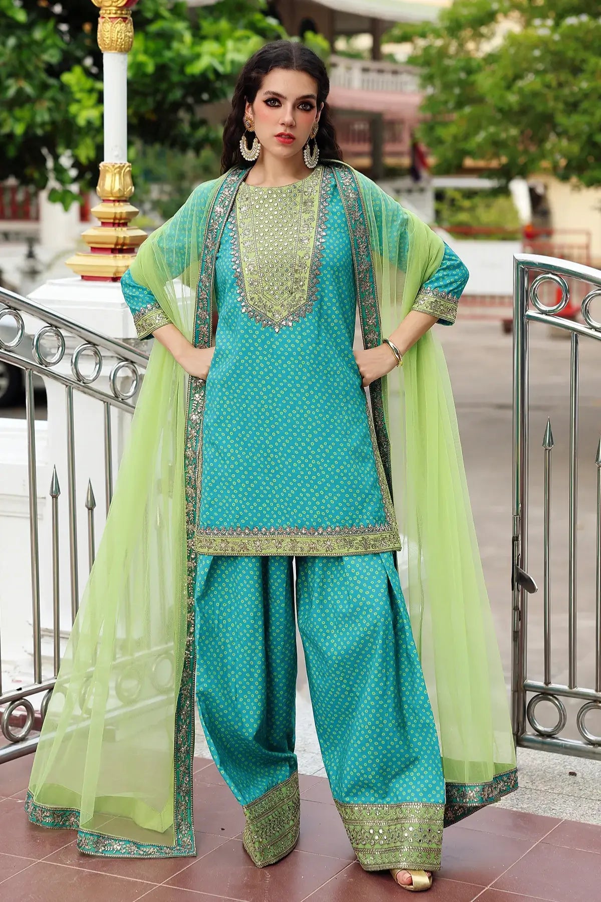 Charizma CMA-6-173 Ferozi chunri silk ready-to-wear 3PC suit with net dupatta