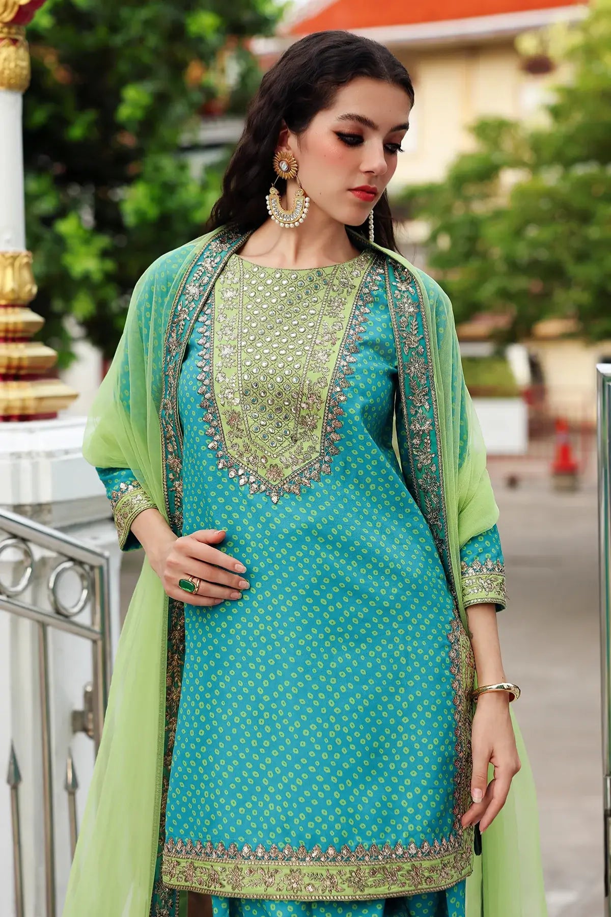 Charizma CMA-6-173 Ferozi chunri silk ready-to-wear 3PC suit with net dupatta