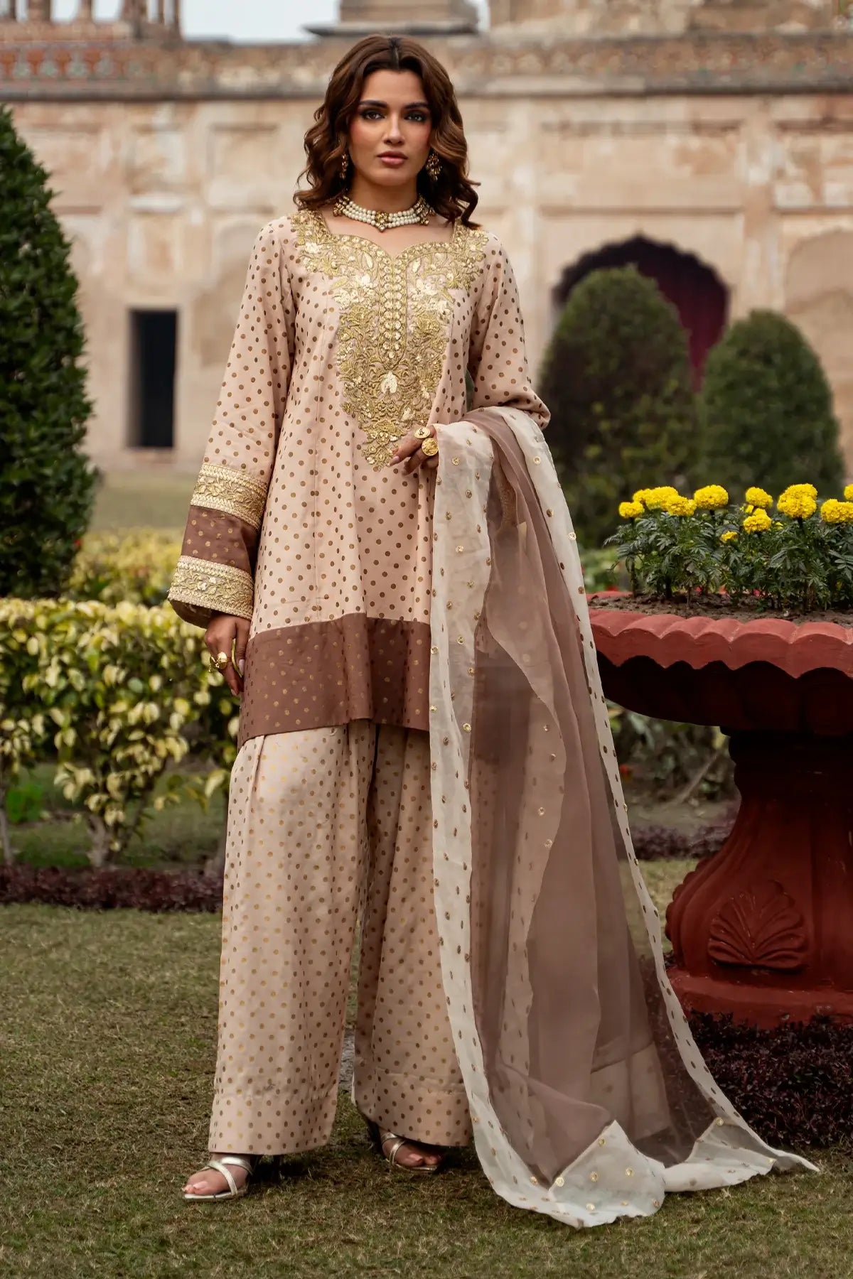 Charizma CMA-6-273 ivory silk embroidered 3PC shalwar kameez with organza dupatta