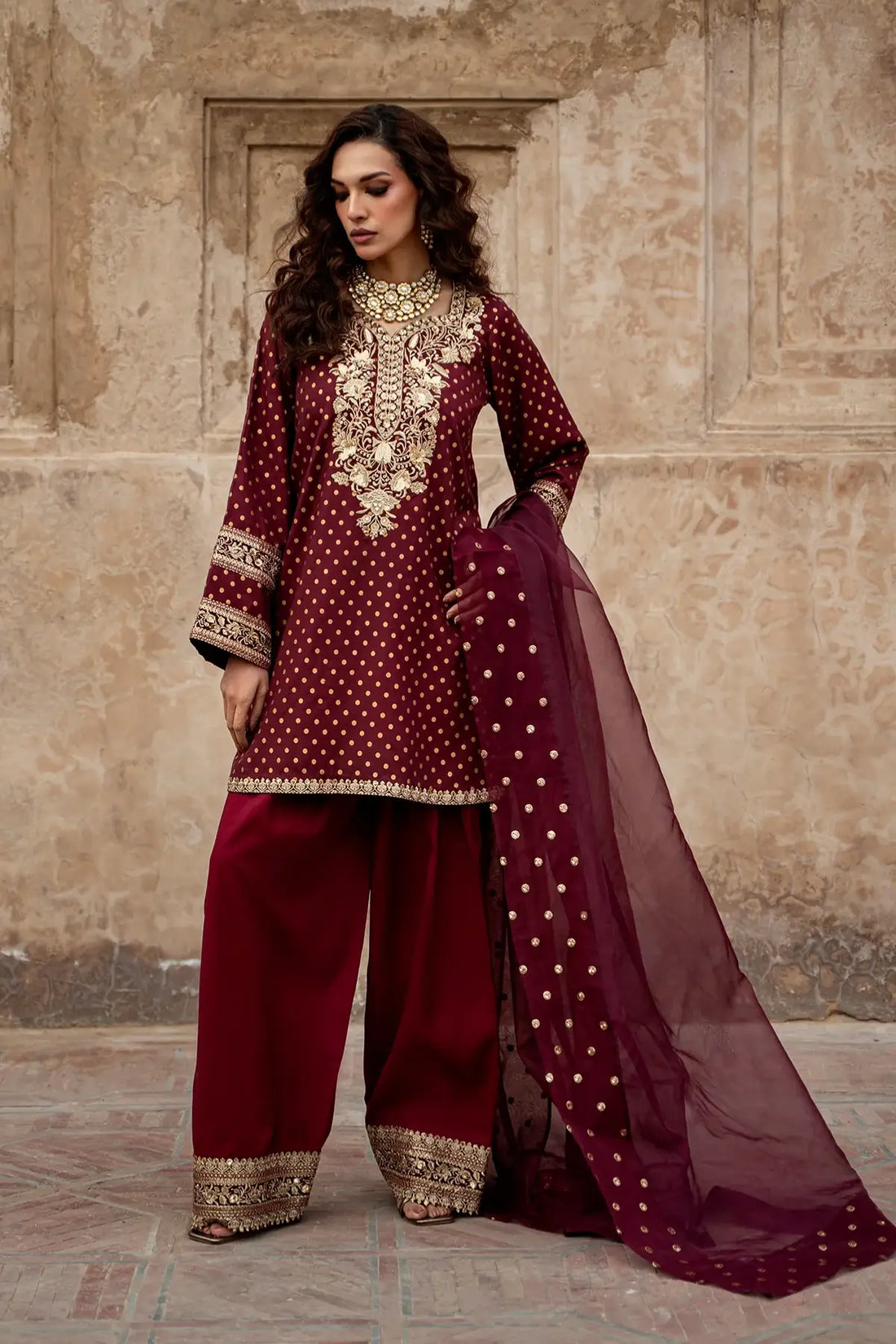 Charizma maroon silk 3PC suit with embroidered borders and organza dupatta