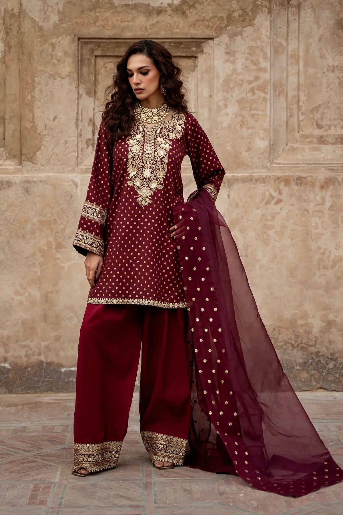 Charizma maroon silk 3PC suit with embroidered borders and organza dupatta