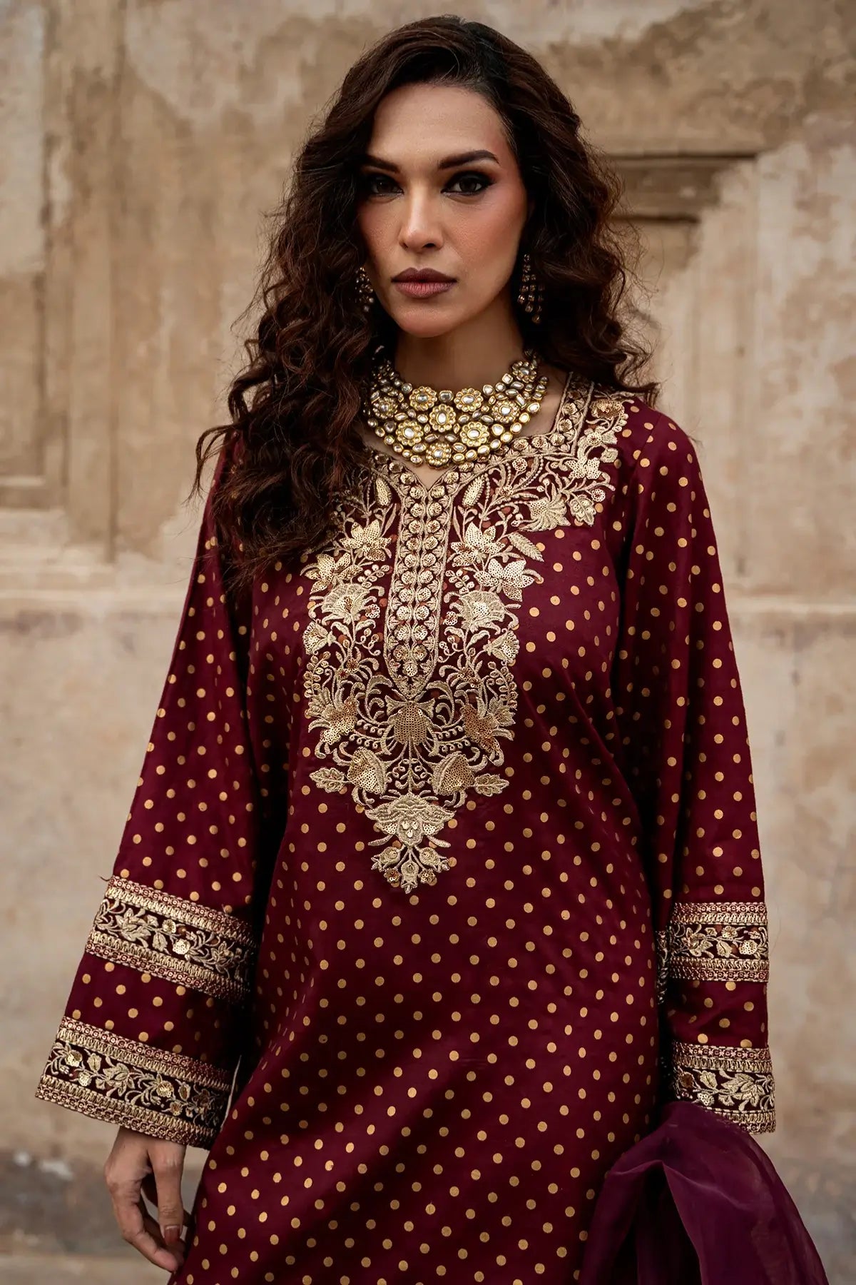Charizma maroon silk 3PC suit with embroidered borders and organza dupatta