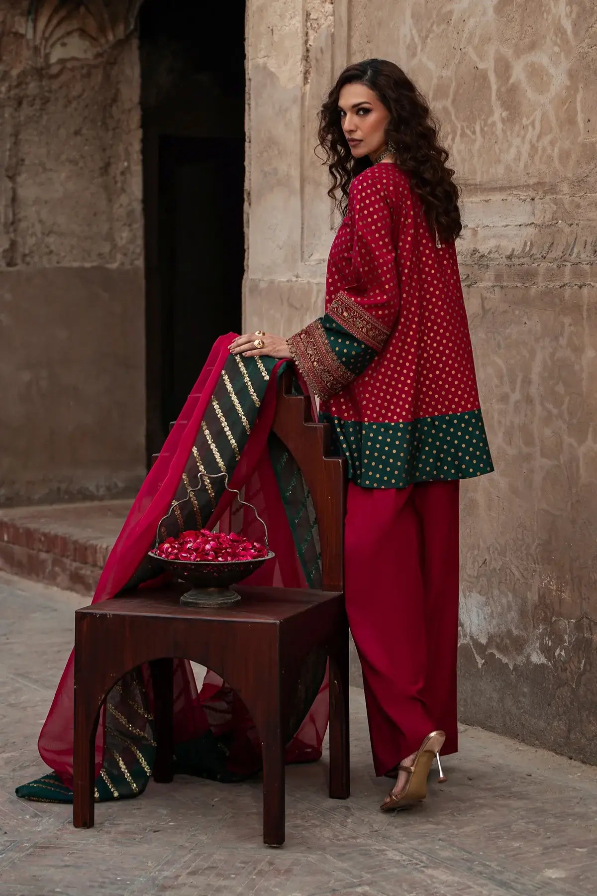 Charizma shocking pink silk 3PC shalwar kameez with gold embroidered neckline