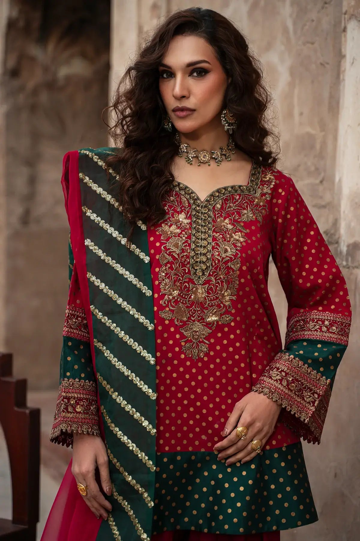 Charizma shocking pink silk 3PC shalwar kameez with gold embroidered neckline