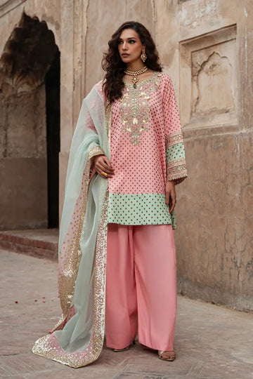 Charizma CMA-6-384 pink silk 3PC shalwar kameez with gold embroidery and organza dupatta
