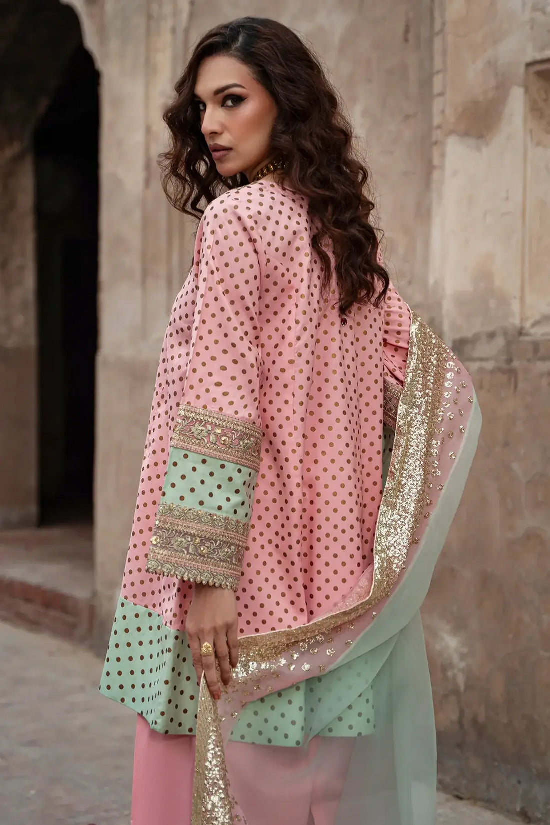 Charizma CMA-6-384 pink silk 3PC shalwar kameez with gold embroidery and organza dupatta