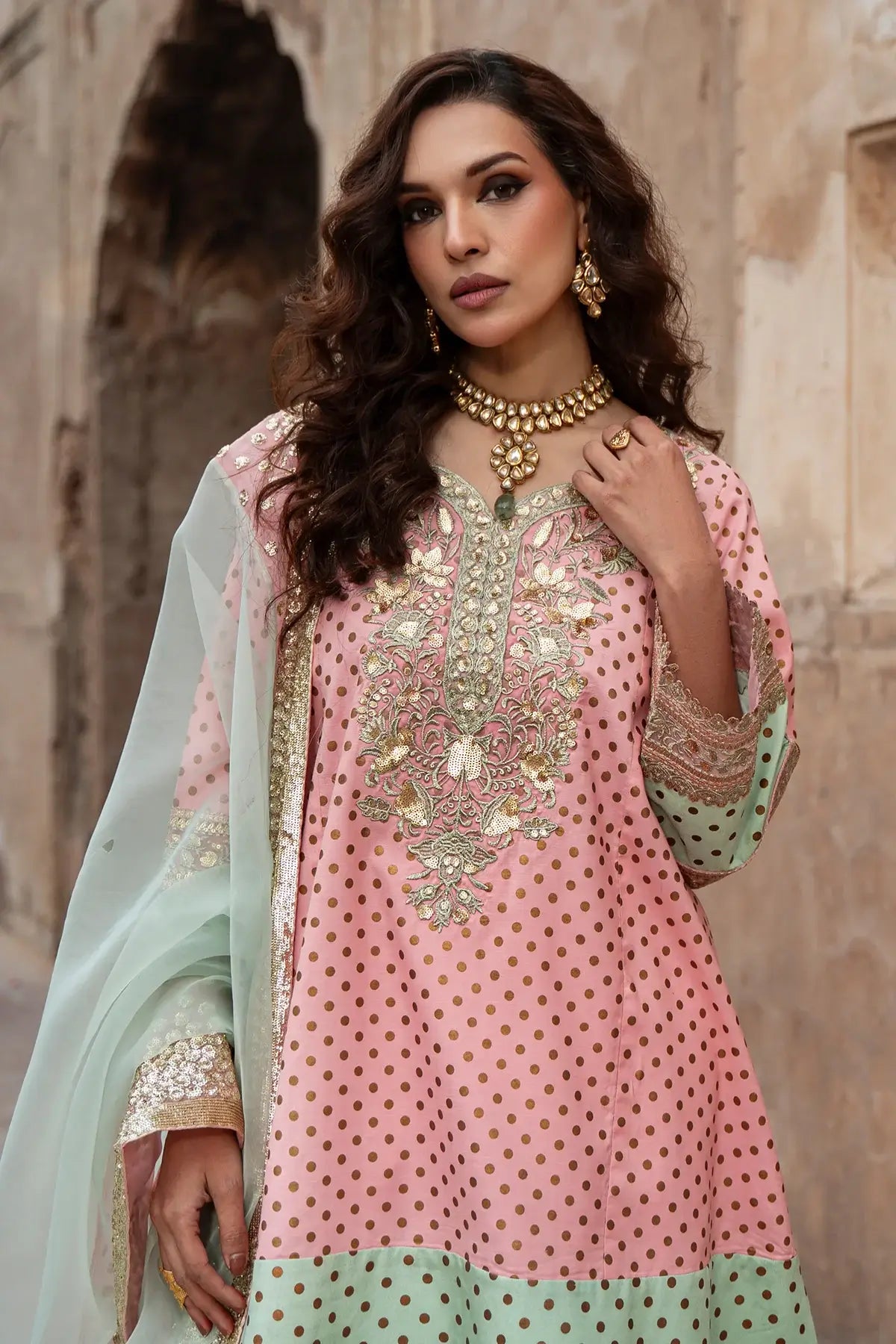 Charizma CMA-6-384 pink silk 3PC shalwar kameez with gold embroidery and organza dupatta