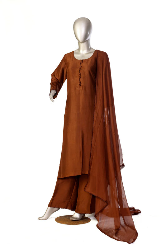 COCO-Chocolate Brown Raw Silk Culotte Set with Lace Embellishments