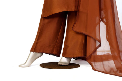 COCO-Chocolate Brown Raw Silk Culotte Set with Lace Embellishments