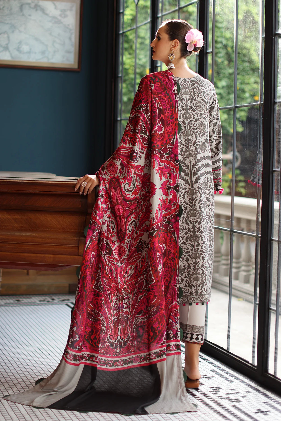CPW5-09 Charizma Grey & Red Printed Linen Suit Winter 2025 – Stitched 3PC Outfit at Pakistanimoda.com
