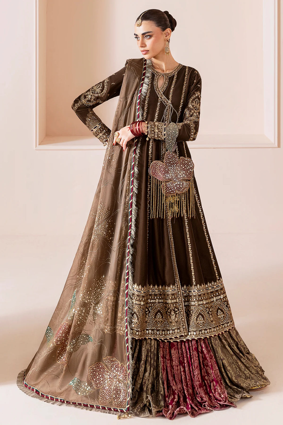 CVF-D-04 Jazmin Brown Velvet Embroidered Angrakha Formal Stitched 3-Piece Dress with Dupatta – Available at Pakistanimoda.com